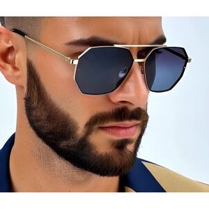 Sunglasses Men Flat‎ Top Fashion Forward Gold UV400 Protection Dark Black Lens